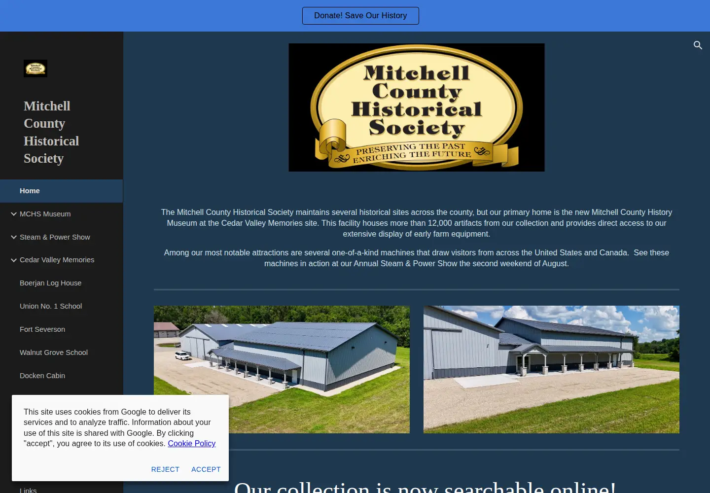 Captured homepage of mitchellcountyhistoricalsociety.org in the current scan