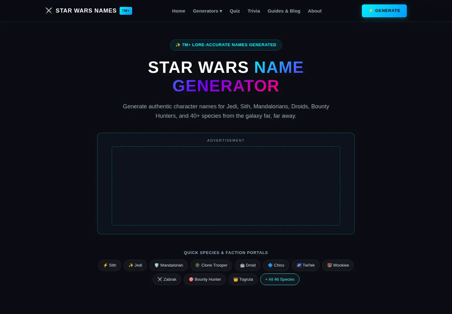 Captured homepage of starwarsnamegenerator.com in the current scan