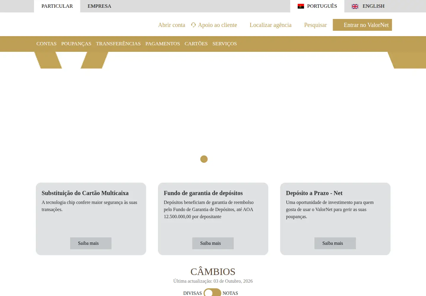 Captured homepage of bancovalor.ao in the current scan