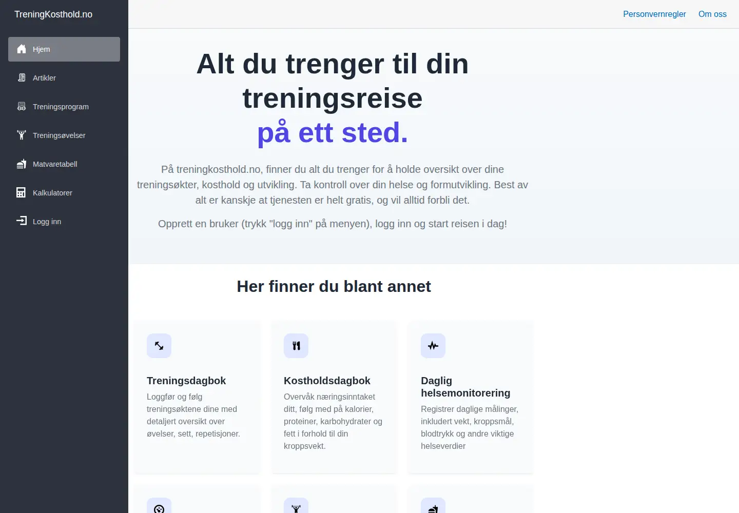 Screenshot of treningkosthold.no