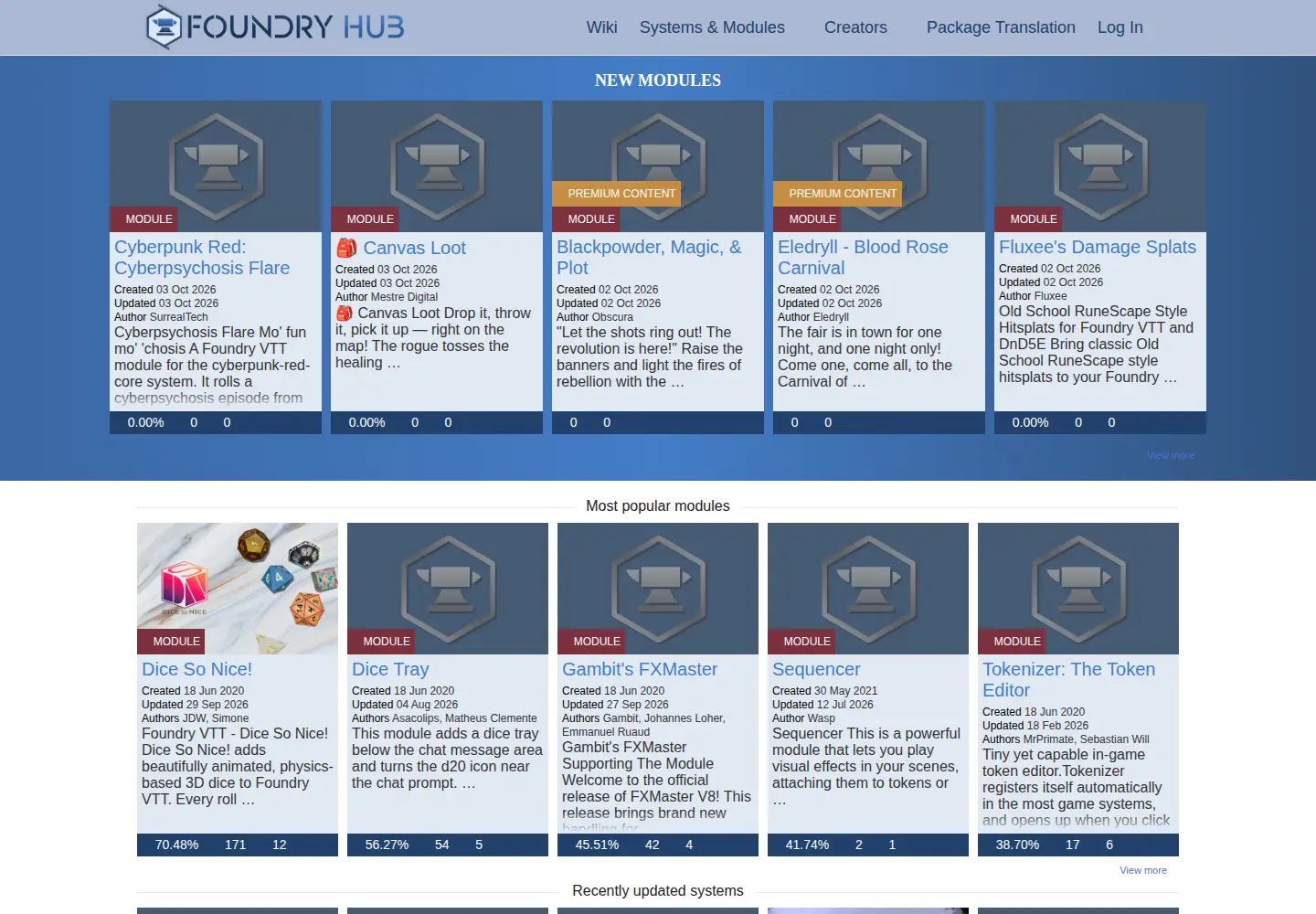 Screenshot of foundryvtt-hub.com