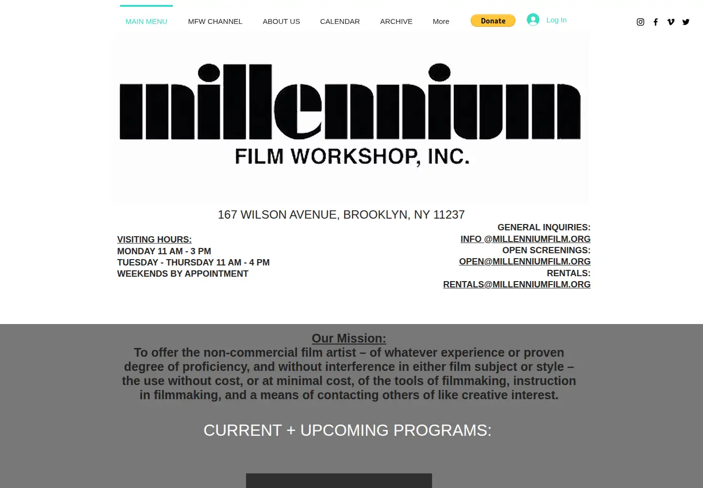 Captured homepage of millenniumfilm.org in the current scan