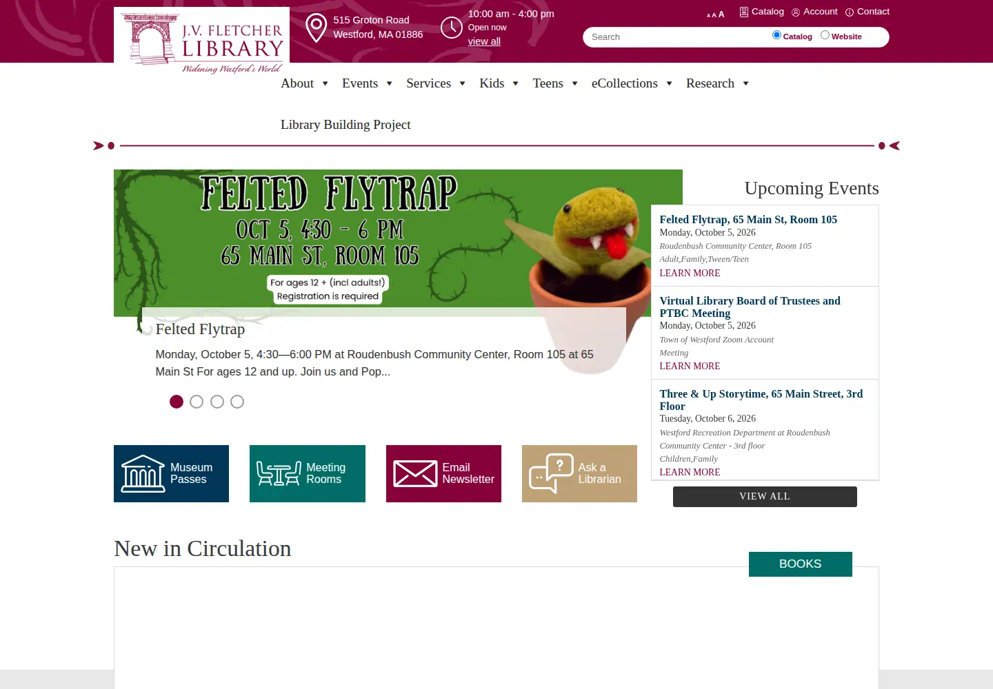 Captured homepage of westfordlibrary.org in the current scan