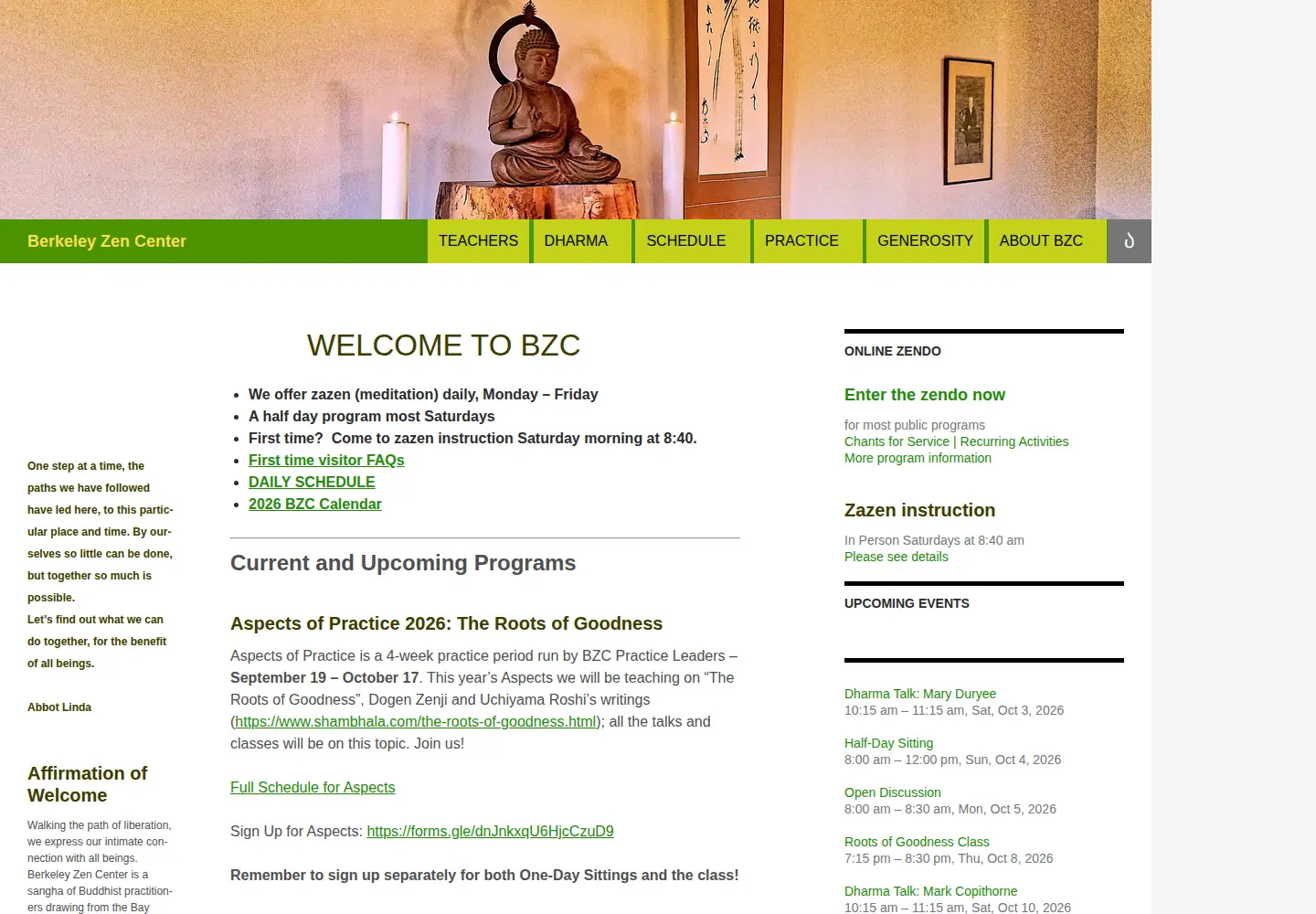 Screenshot of berkeleyzencenter.org