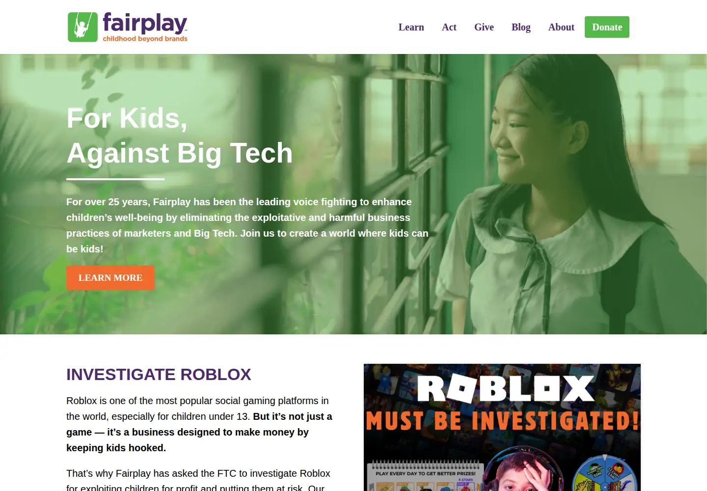Captured homepage of fairplayforkids.org in the current scan