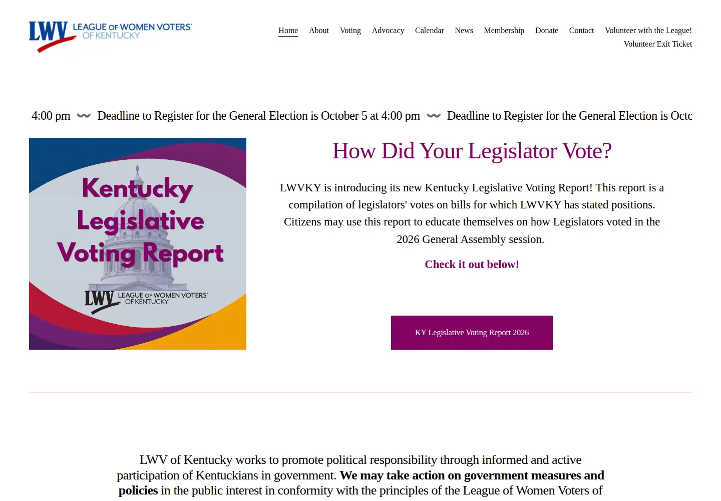 Captured homepage of lwvky.org in the current scan