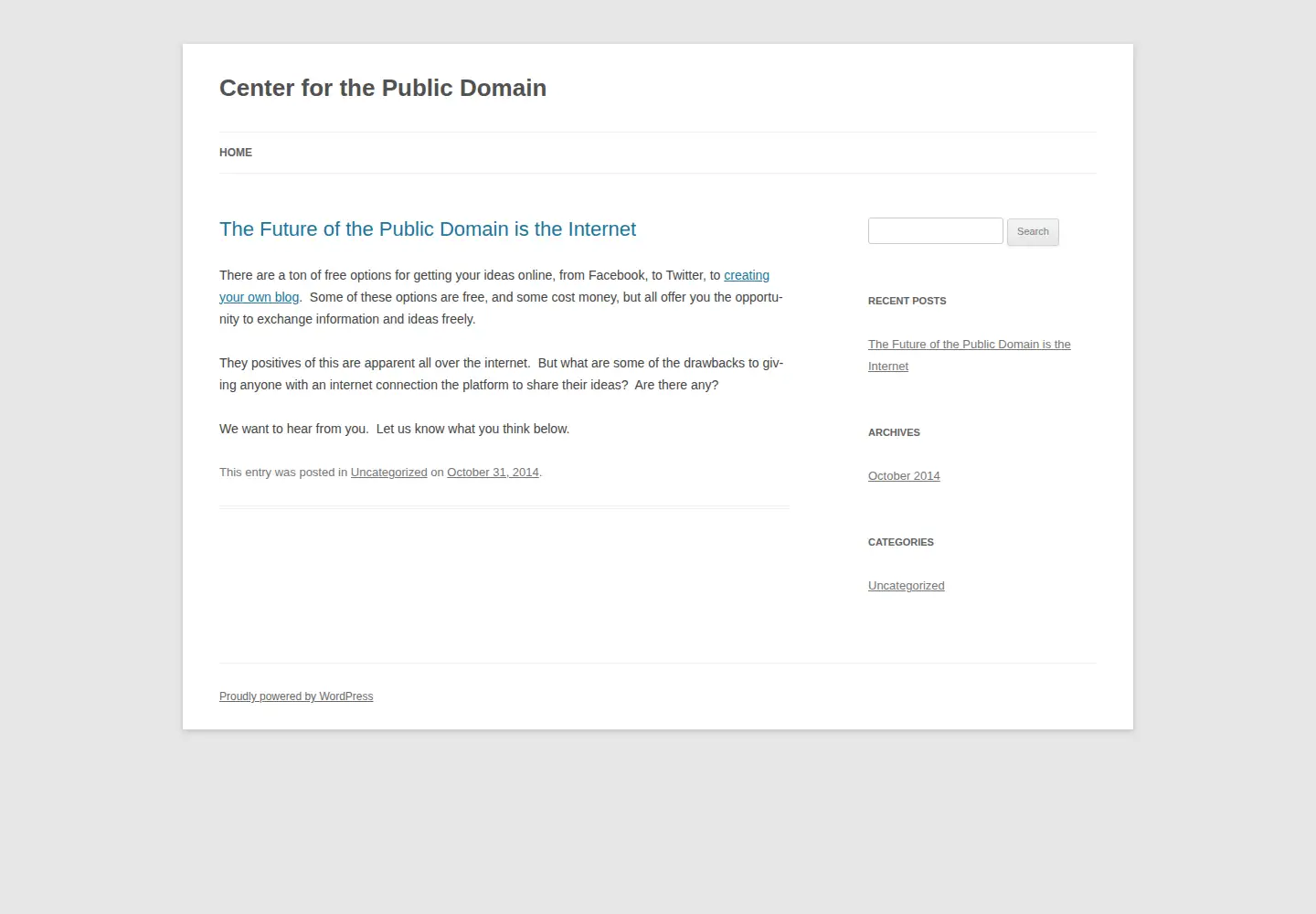 Captured homepage of centerforthepublicdomain.org in the current scan