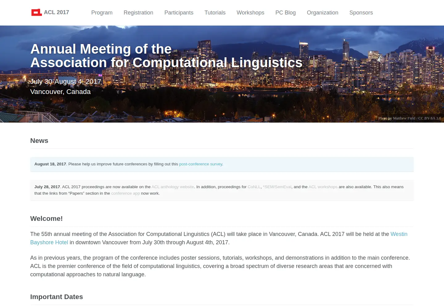 Captured homepage of acl2017.org in the current scan