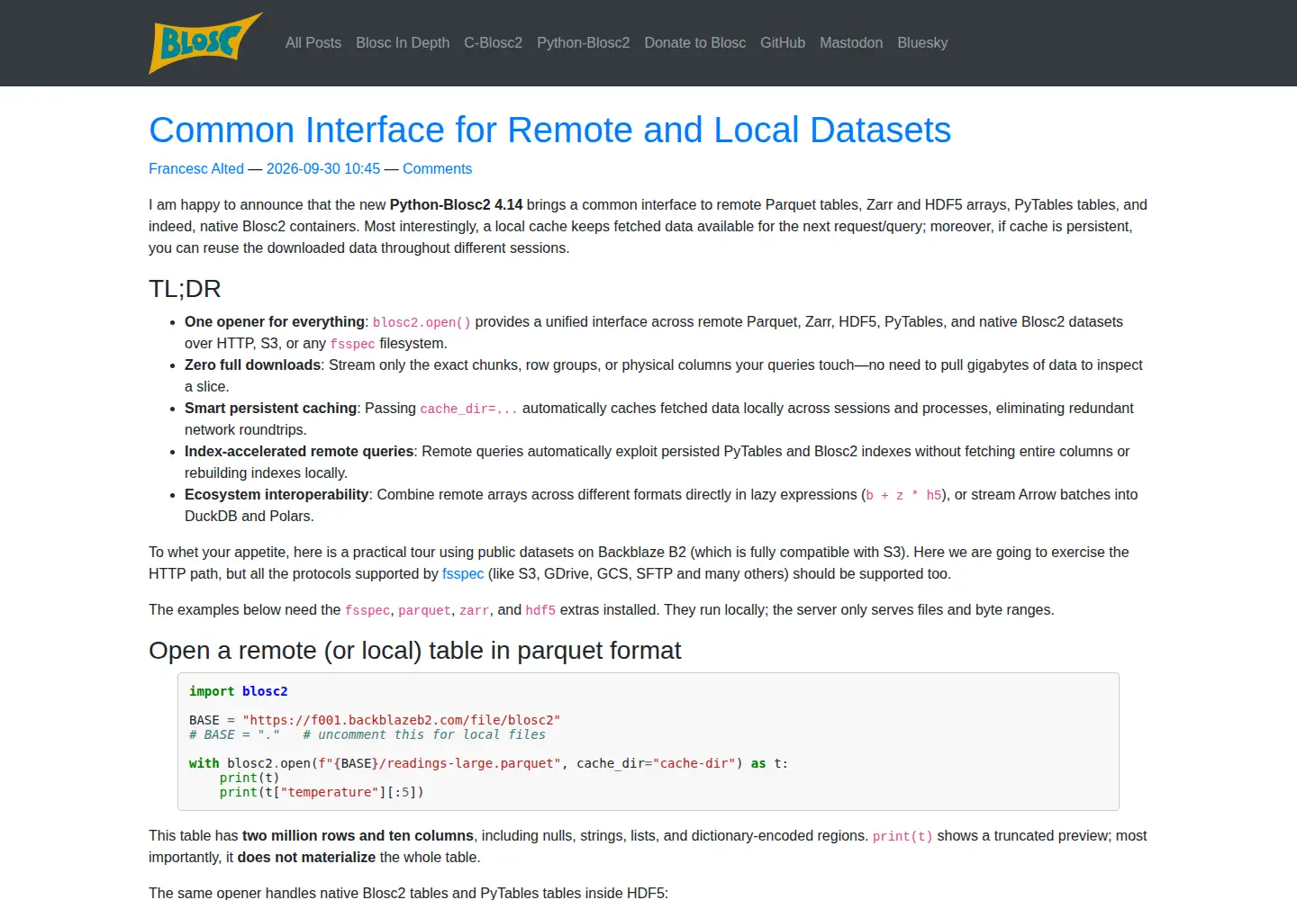 Captured homepage of blosc.org in the current scan