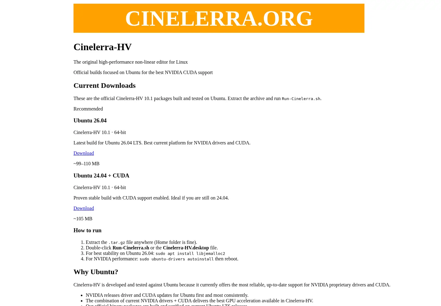 Captured homepage of cinelerra.org in the current scan
