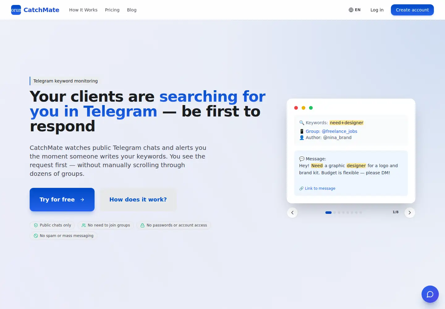 Captured homepage of catchmatebot.com in the current scan