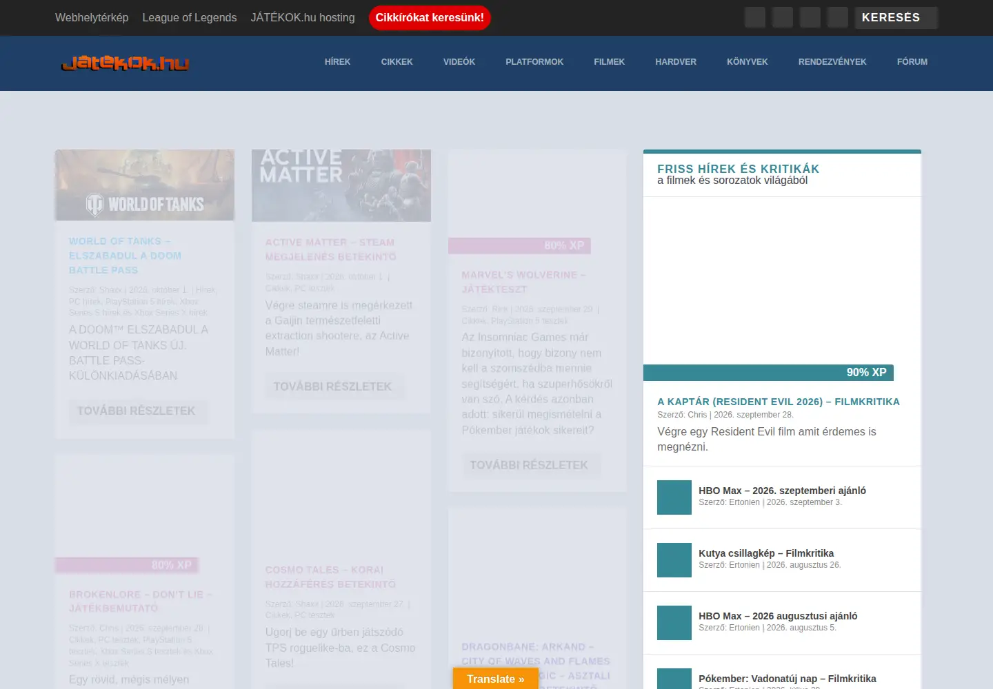Captured homepage of jatekok.hu in the current scan