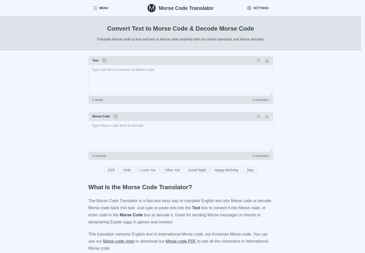 Screenshot of morsedecoder.com