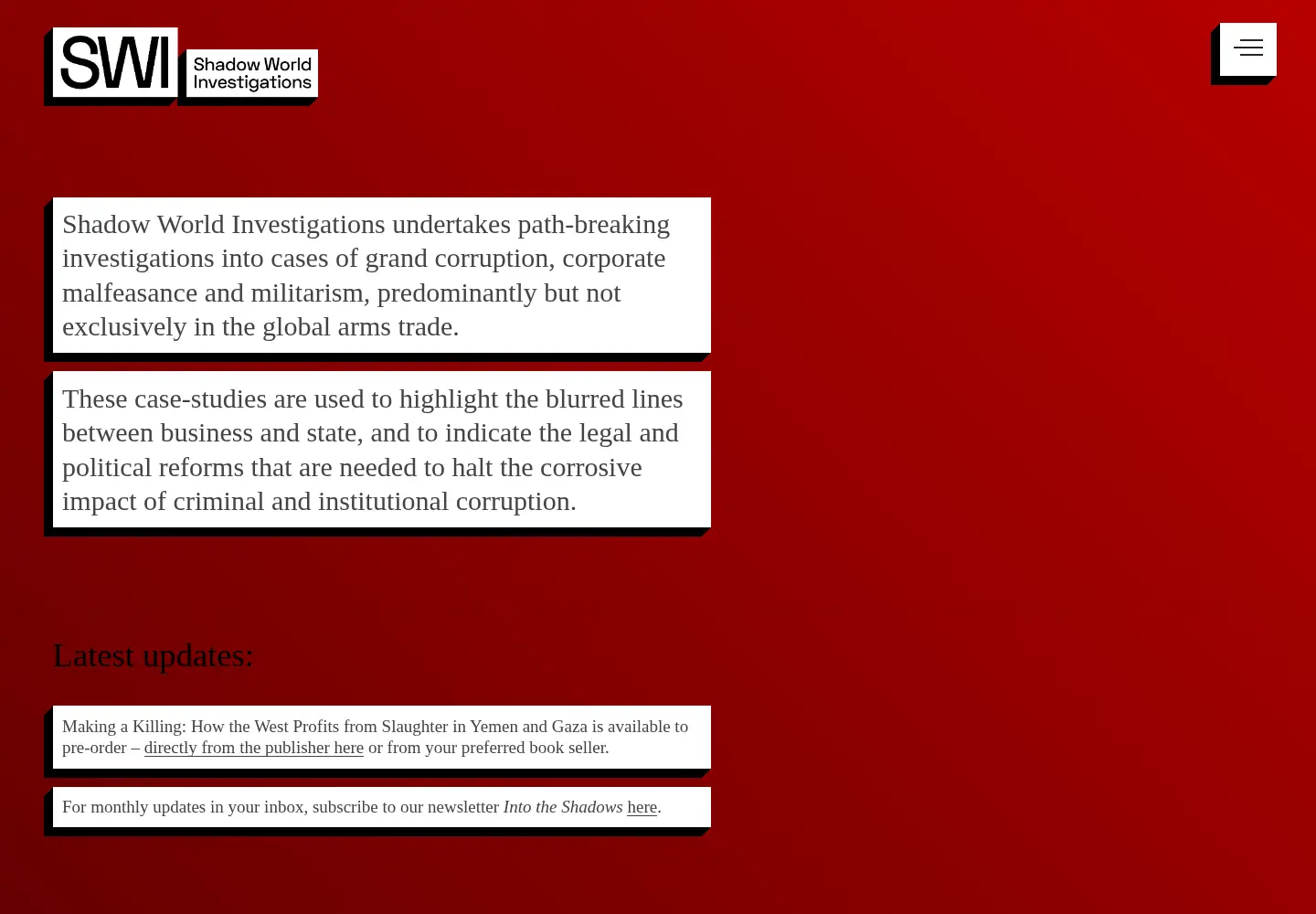 Captured homepage of shadowworldinvestigations.org in the current scan