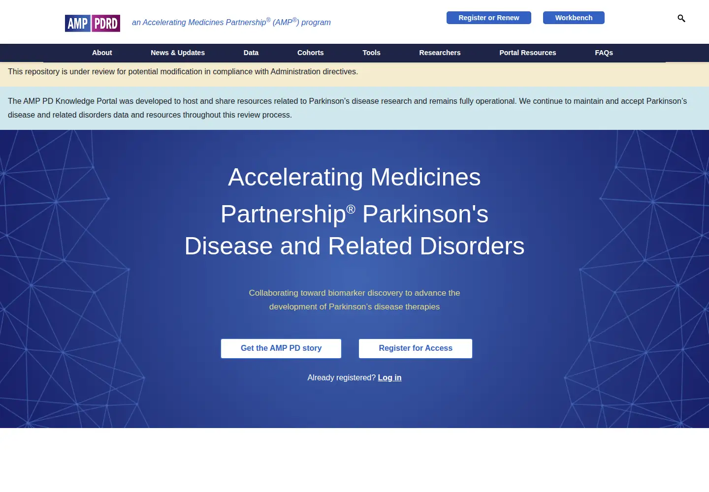 Captured homepage of amp-pd.org in the current scan