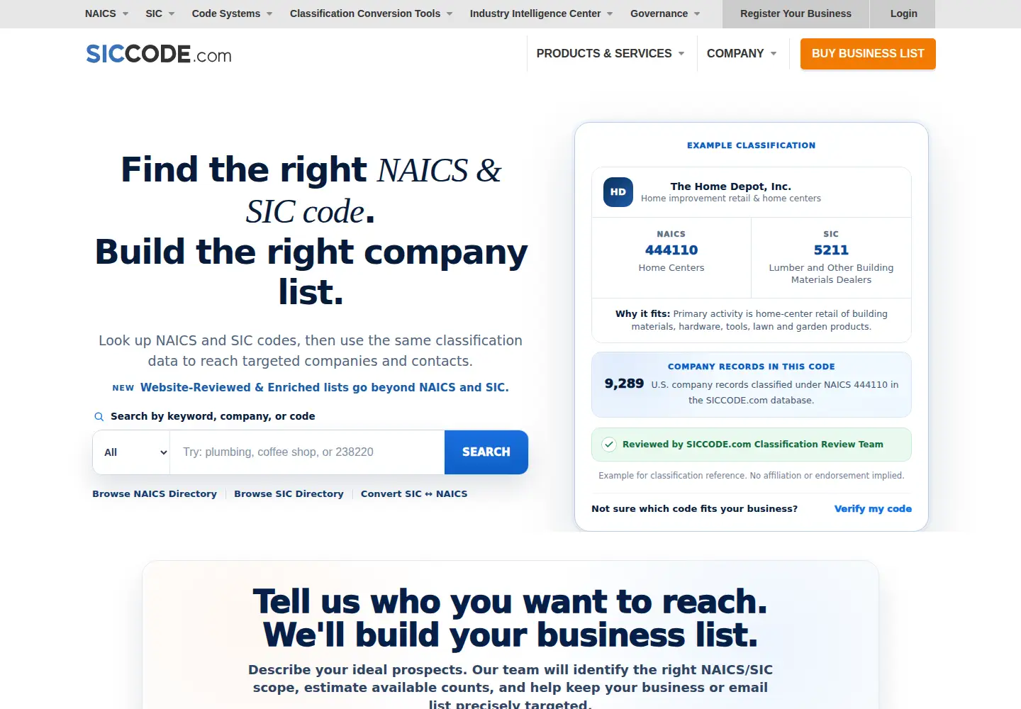 Captured homepage of siccode.com in the current scan