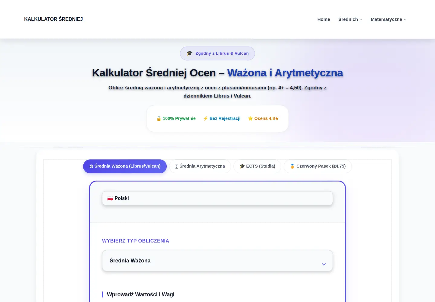 Screenshot of kalkulatorsrednich.pl