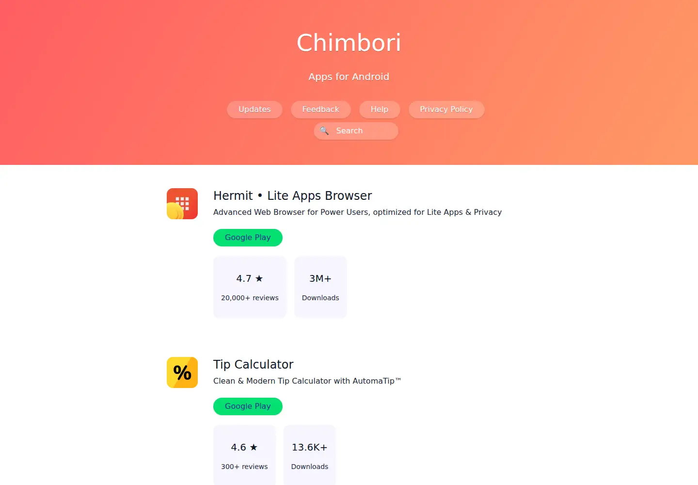 Captured homepage of chimbori.com in the current scan