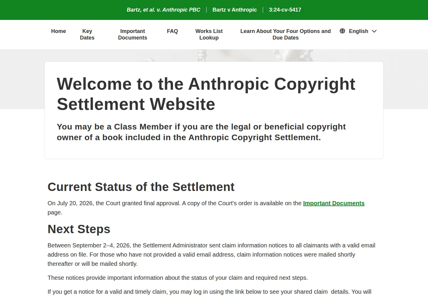 Captured homepage of anthropiccopyrightsettlement.com in the current scan