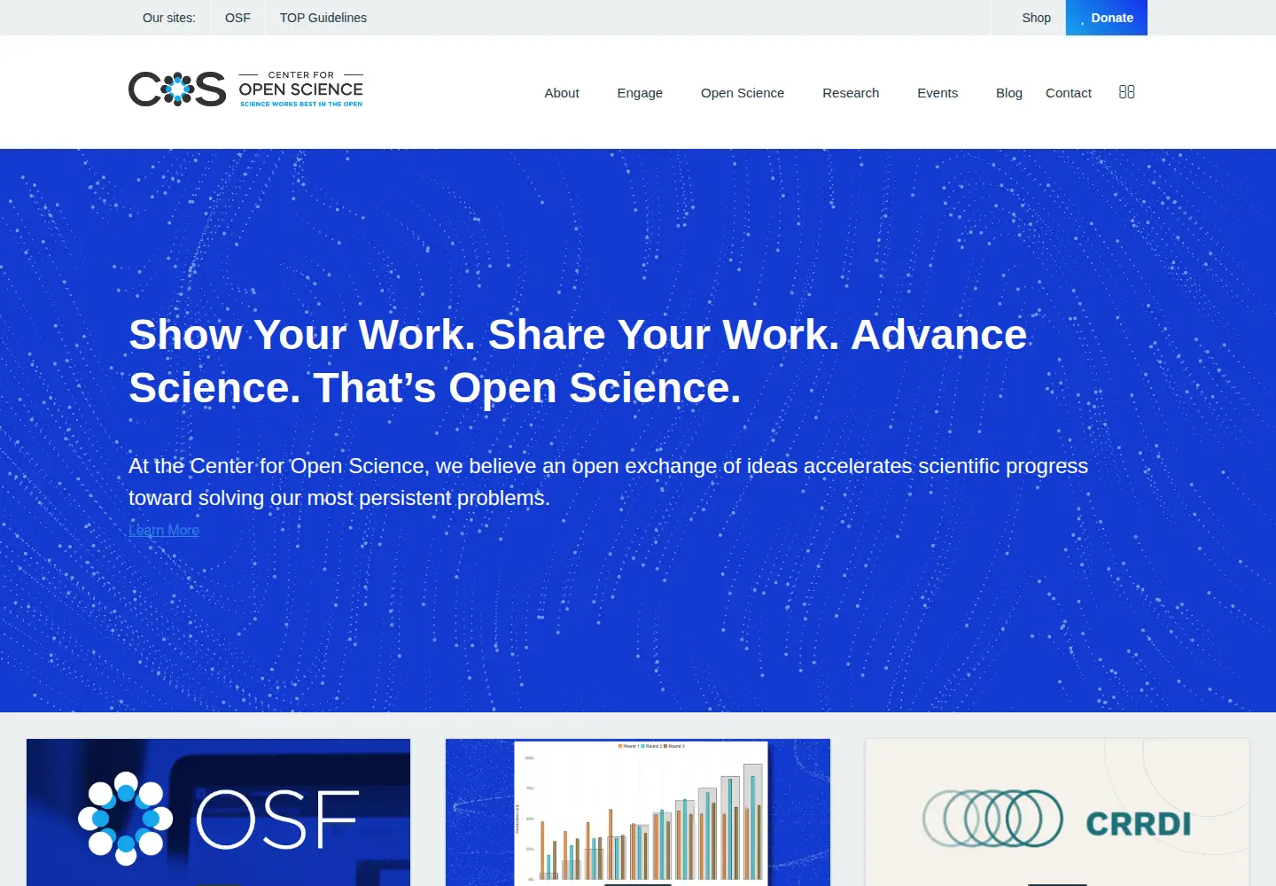 Captured homepage of centerforopenscience.org in the current scan
