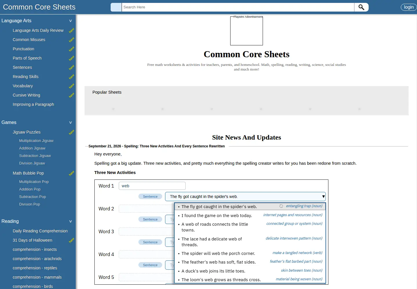 Screenshot of commoncoresheets.com