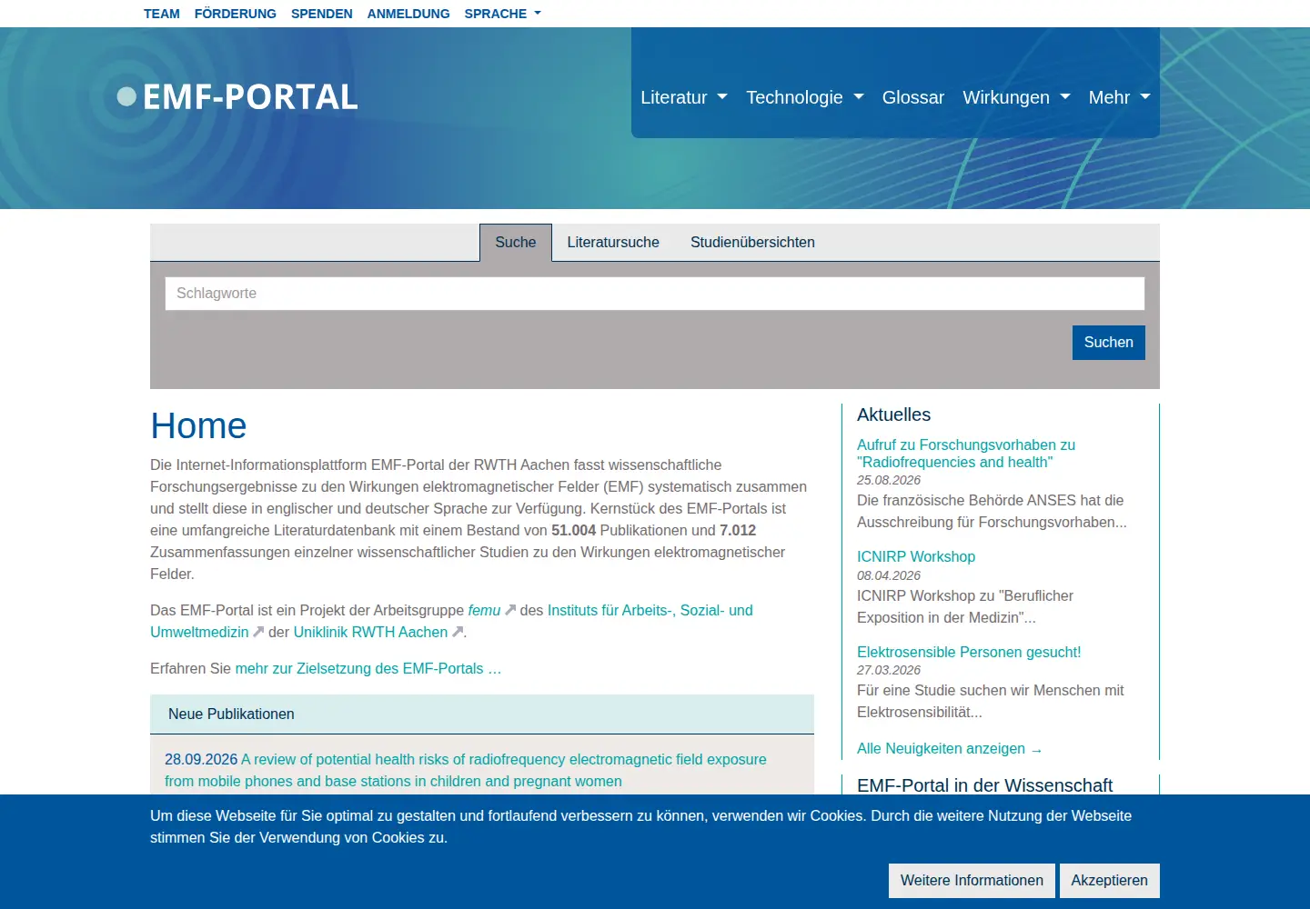 Captured homepage of emf-portal.org in the current scan