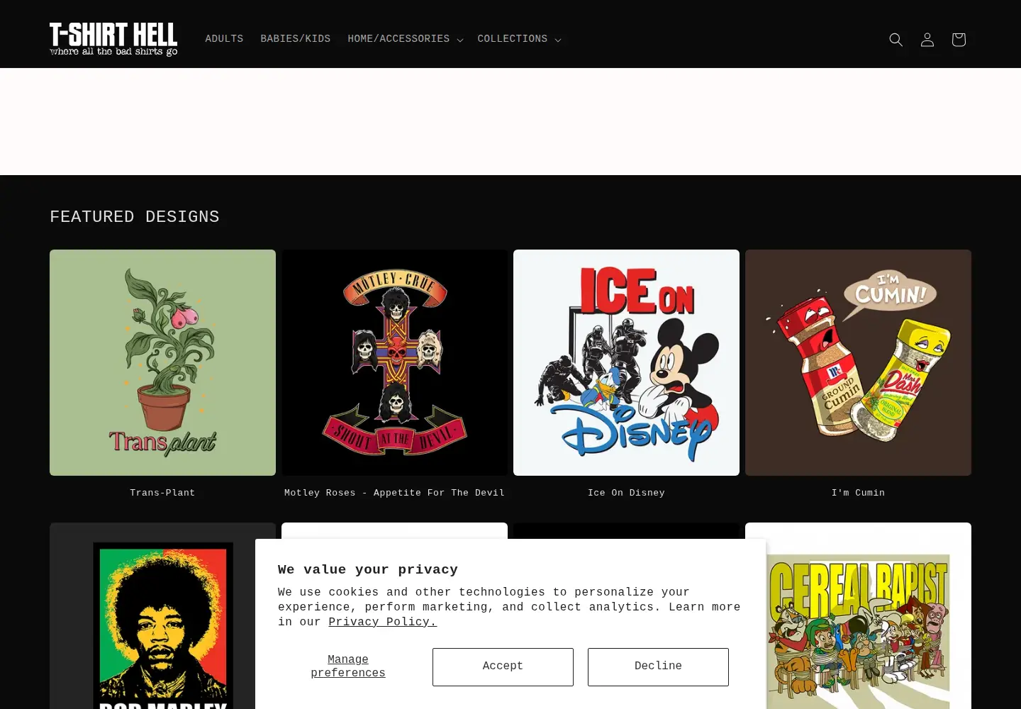 Screenshot of tshirthell.com