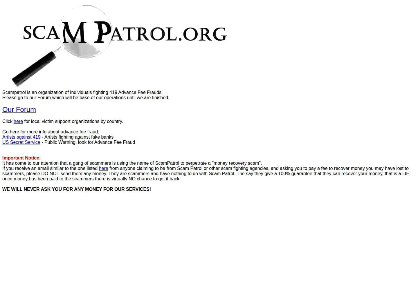 Screenshot of scampatrol.org