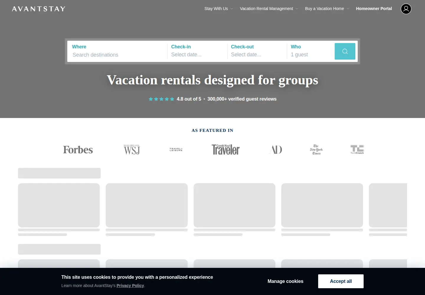Captured homepage of avantstay.com in the current scan