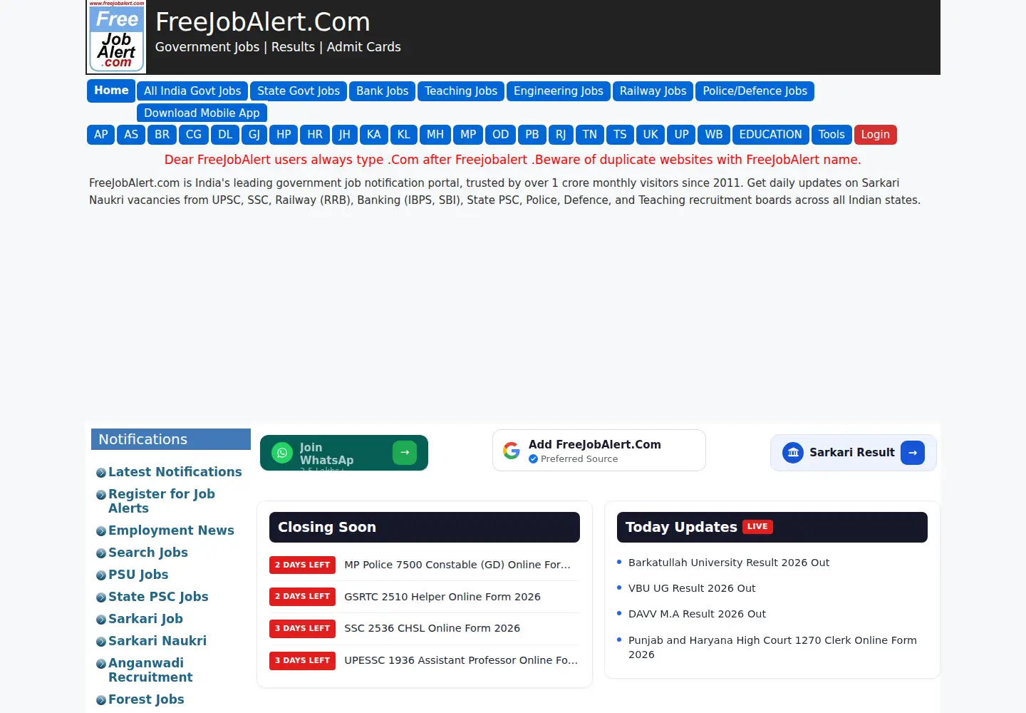 Captured homepage of freejobalert.com in the current scan