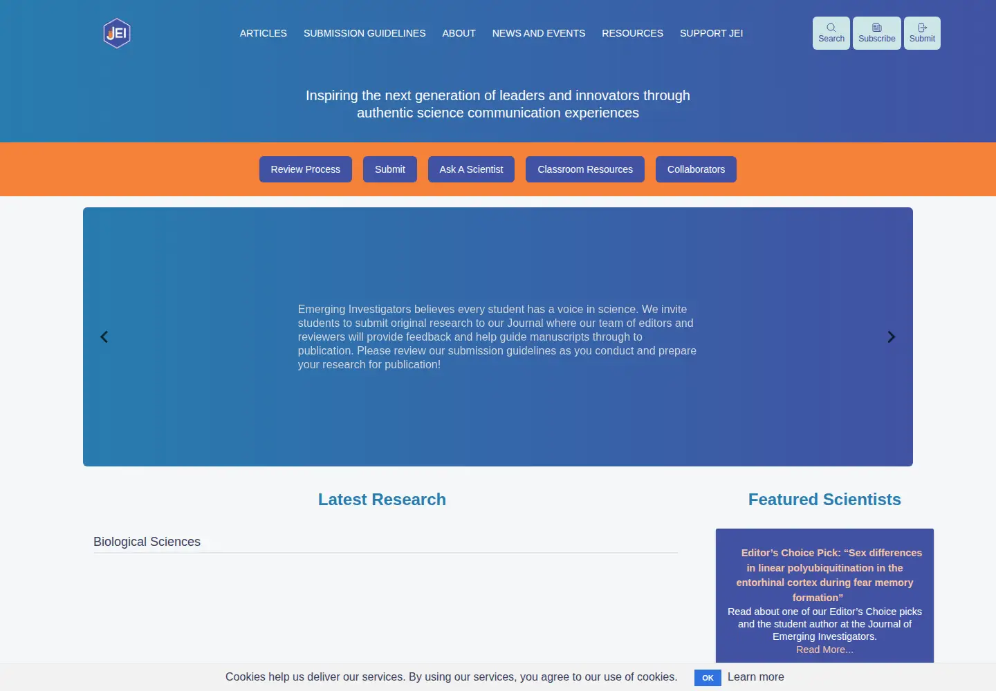 Captured homepage of emerginginvestigators.org in the current scan