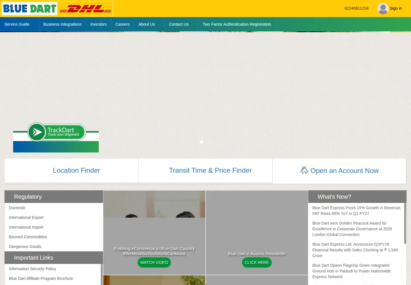 Screenshot of bluedart.com