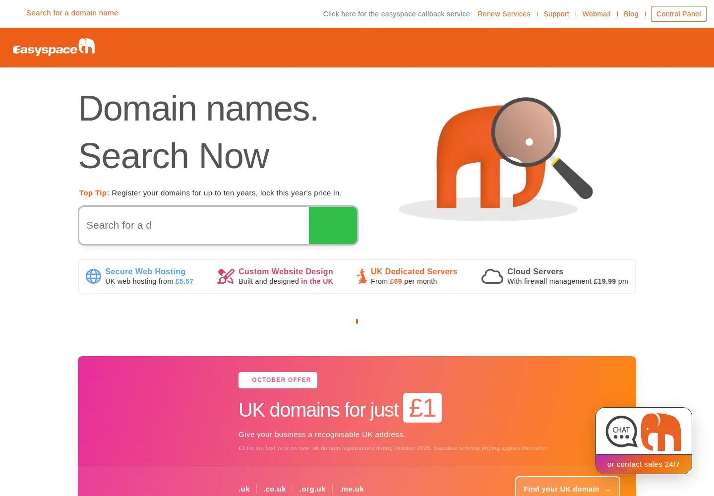 Captured homepage of easyspace.com in the current scan