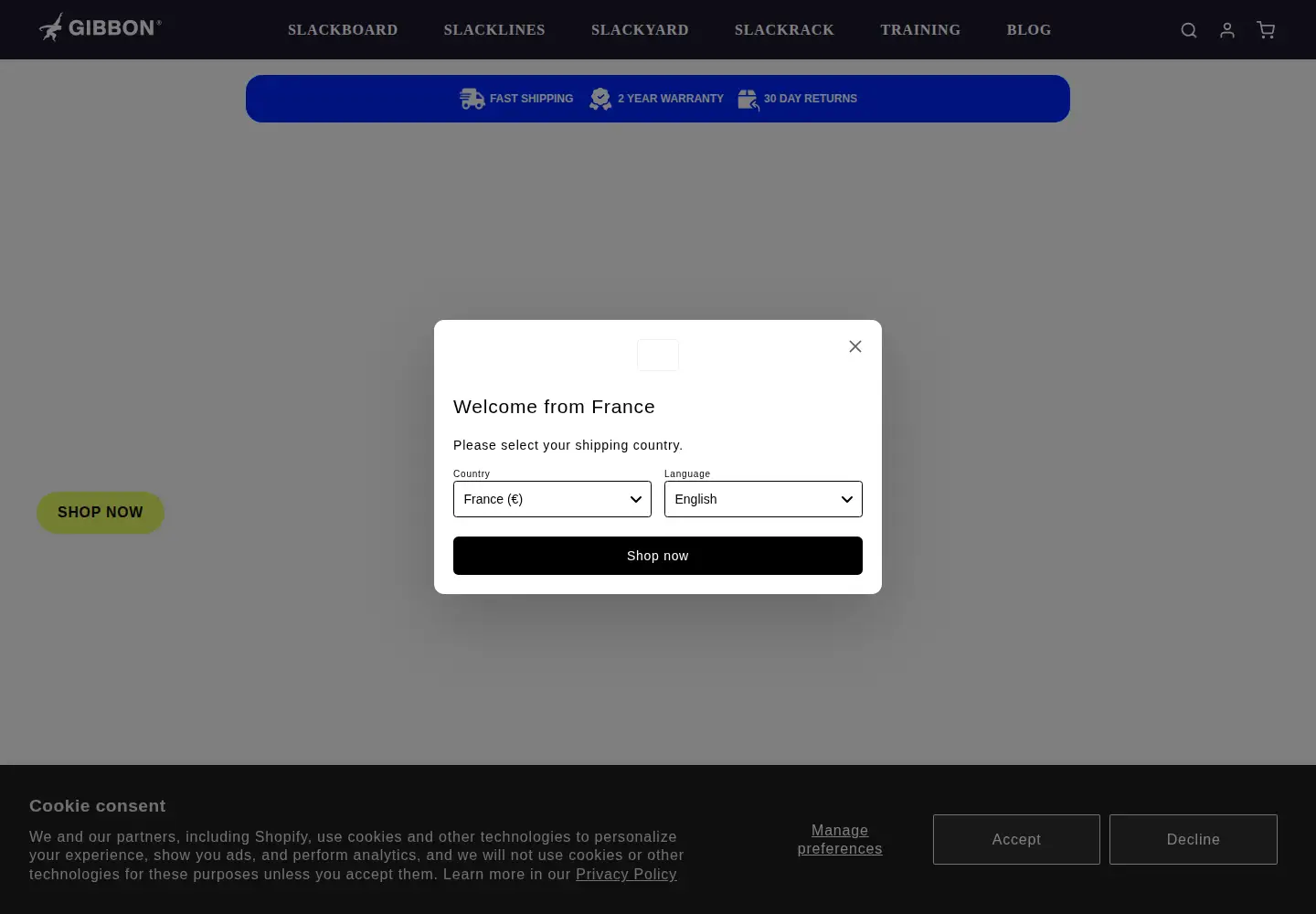 Screenshot of gibbon-slacklines.com