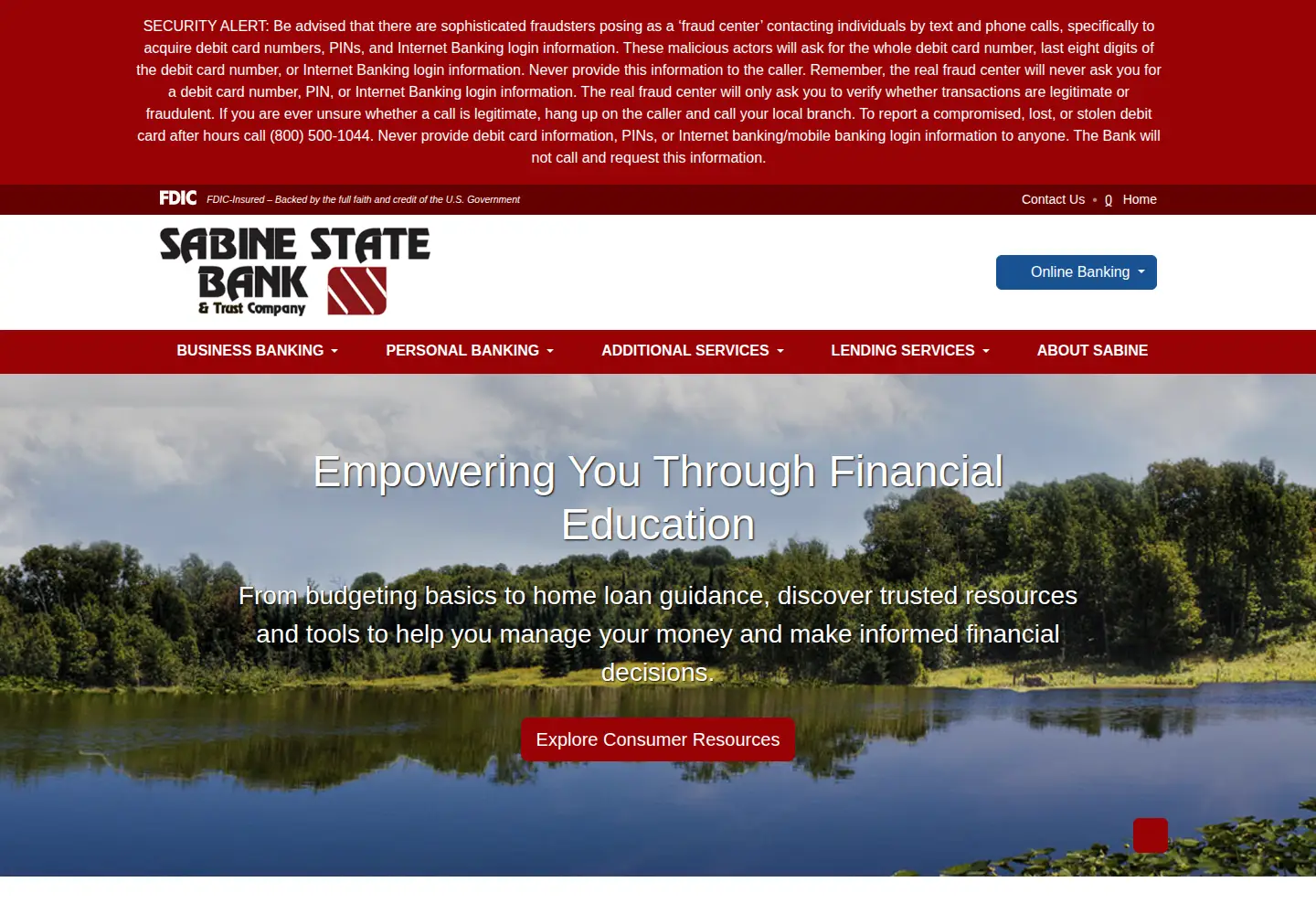 Captured homepage of sabinebank.com in the current scan