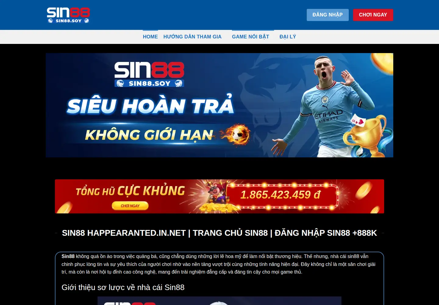 Captured homepage of sin88.soy in the current scan