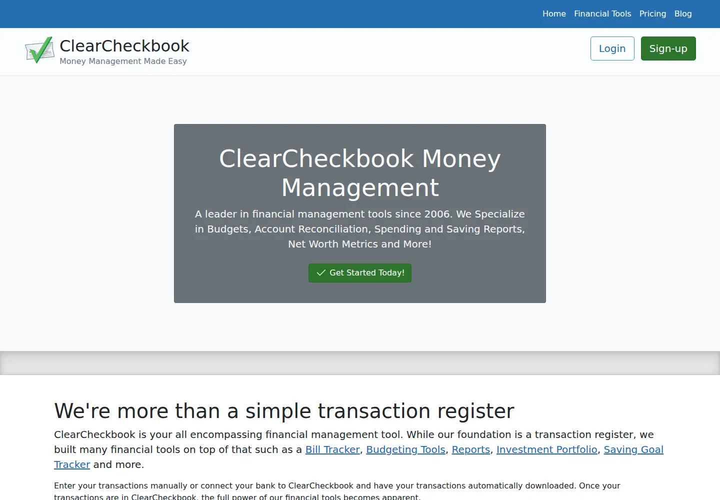 Captured homepage of clearcheckbook.com in the current scan