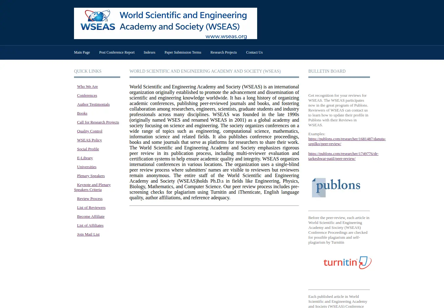 Captured homepage of wseas.org in the current scan