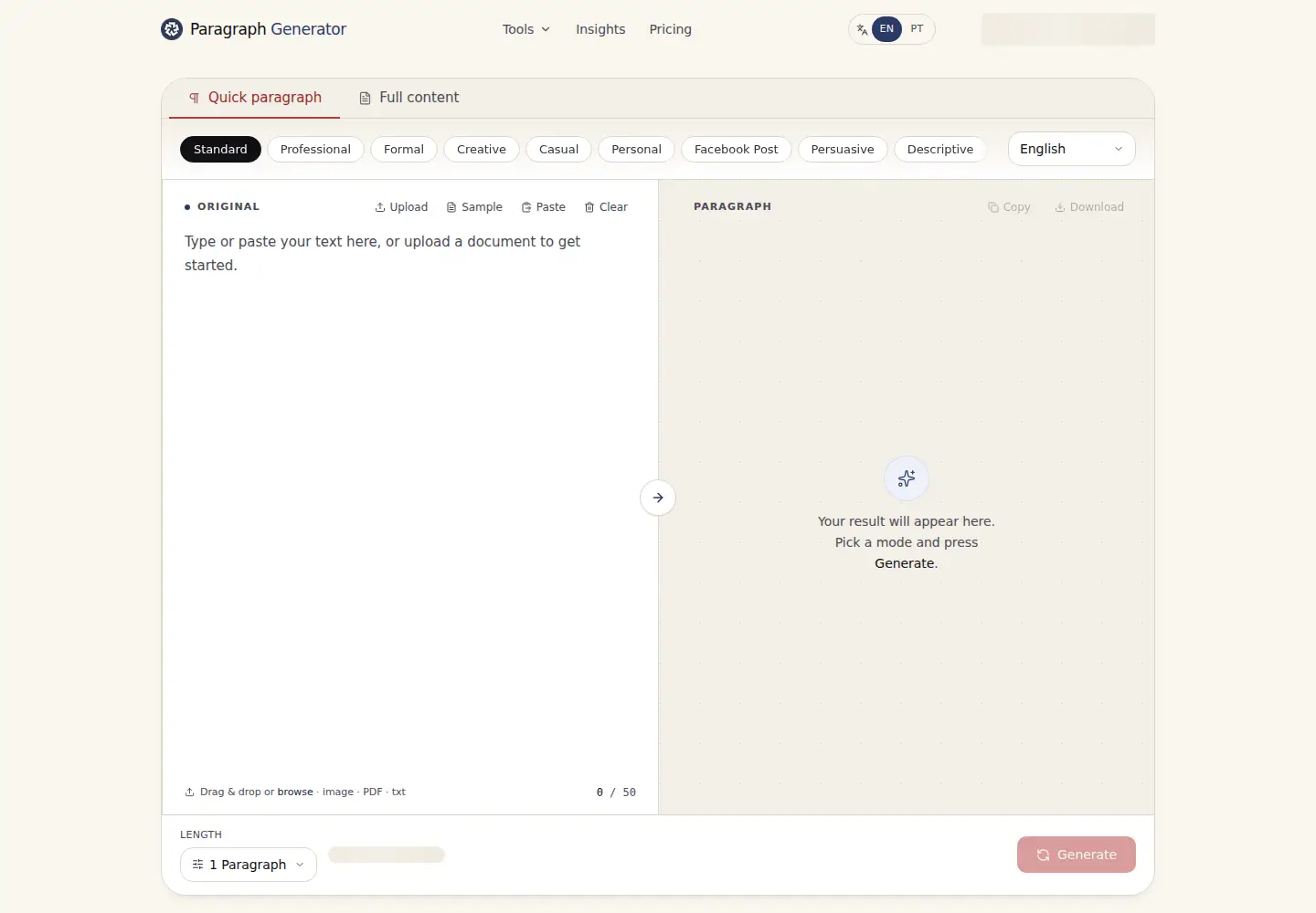 Captured homepage of paragraph-generator.com in the current scan