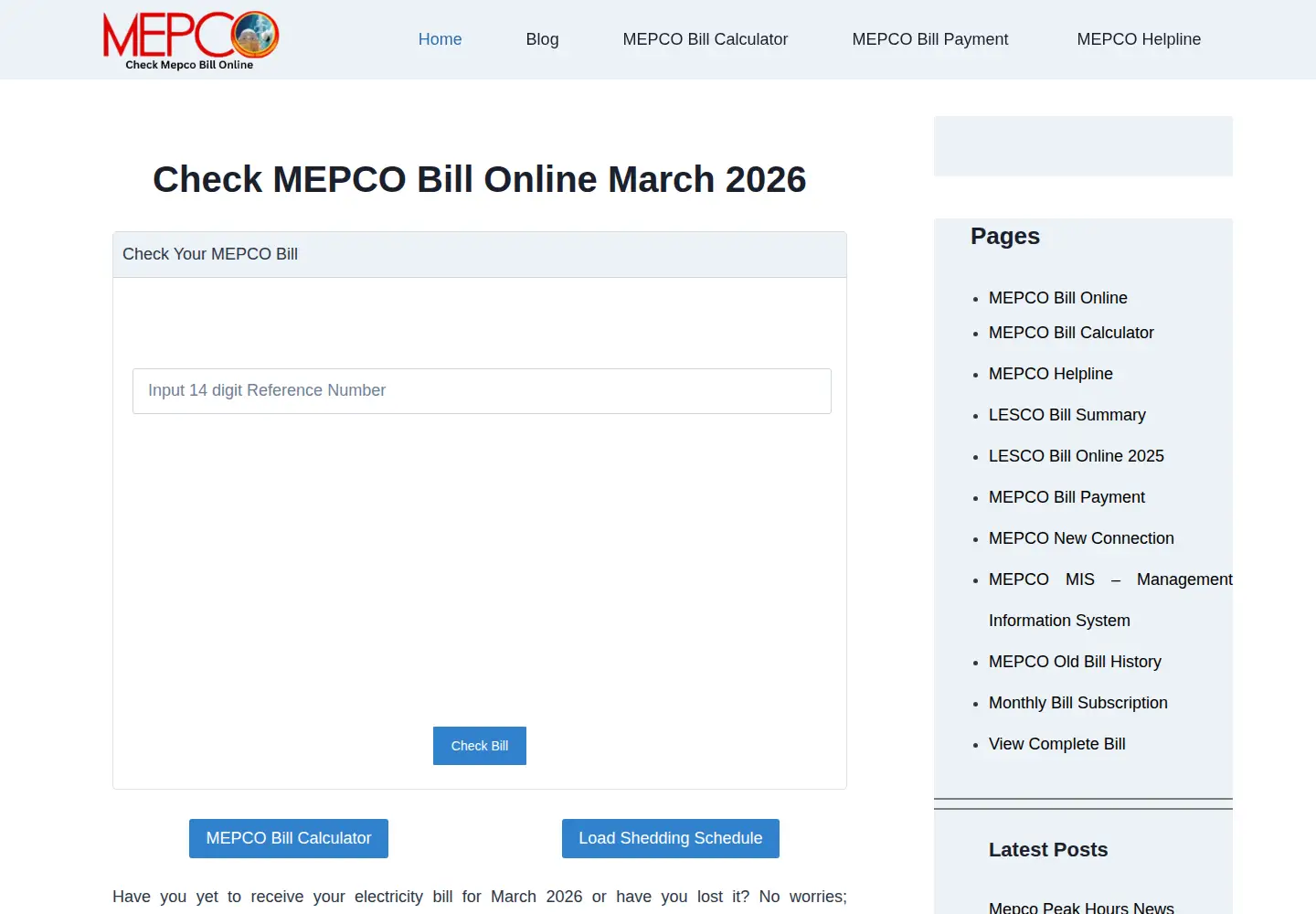 Screenshot of checkmepcobill.pk