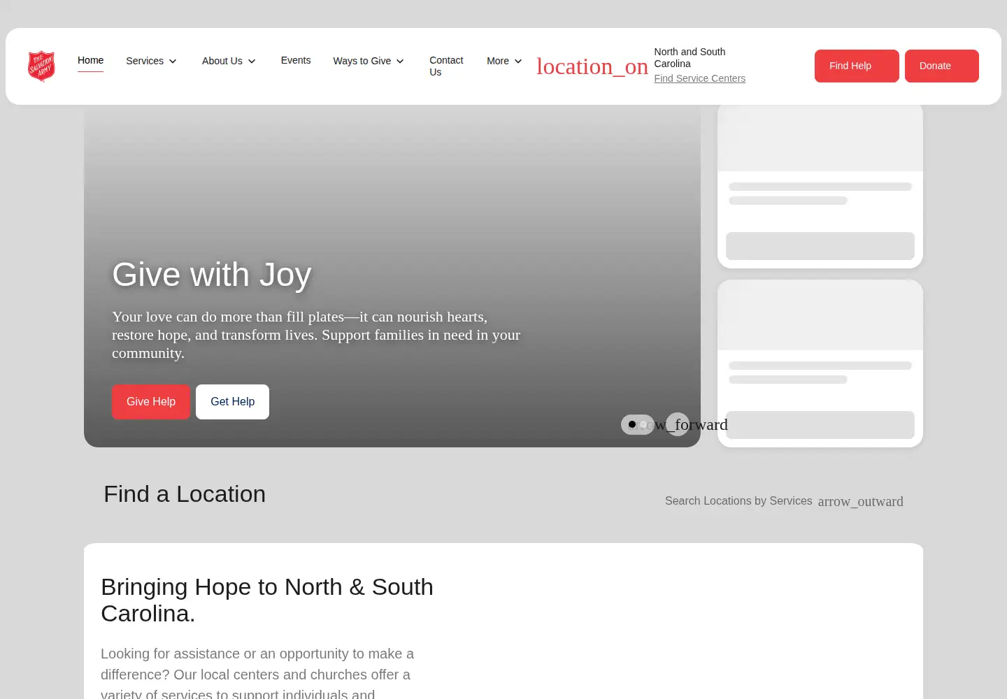 Captured homepage of salvationarmycarolinas.org in the current scan