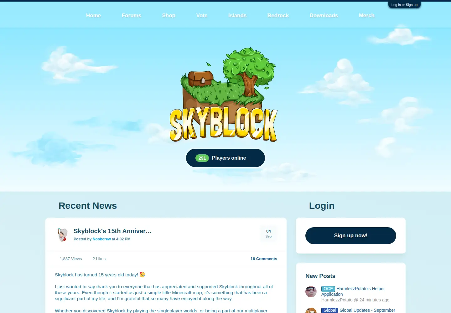 Captured homepage of skyblock.net in the current scan