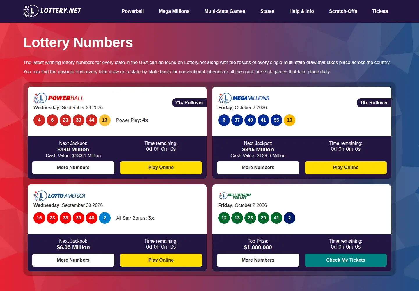 Captured homepage of lottery.net in the current scan