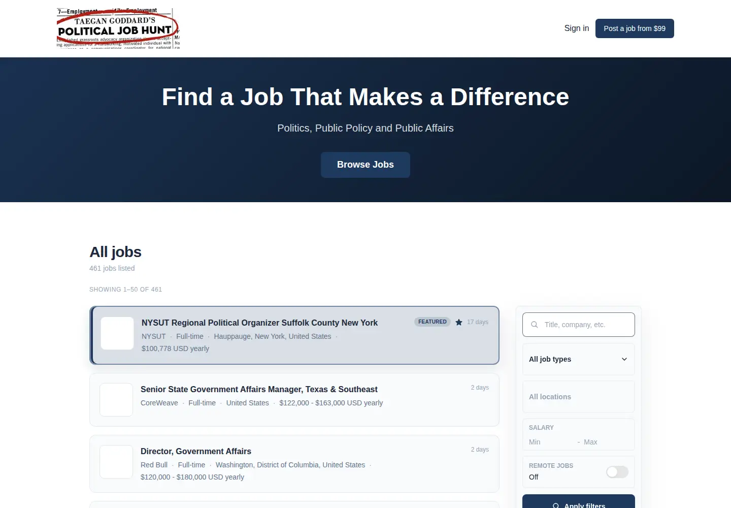 Captured homepage of politicaljobhunt.com in the current scan