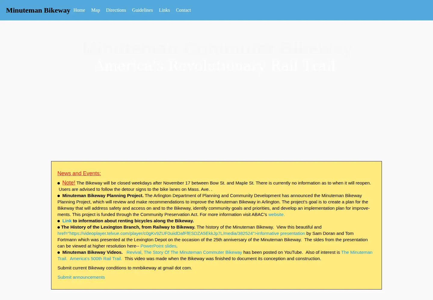Captured homepage of minutemanbikeway.org in the current scan