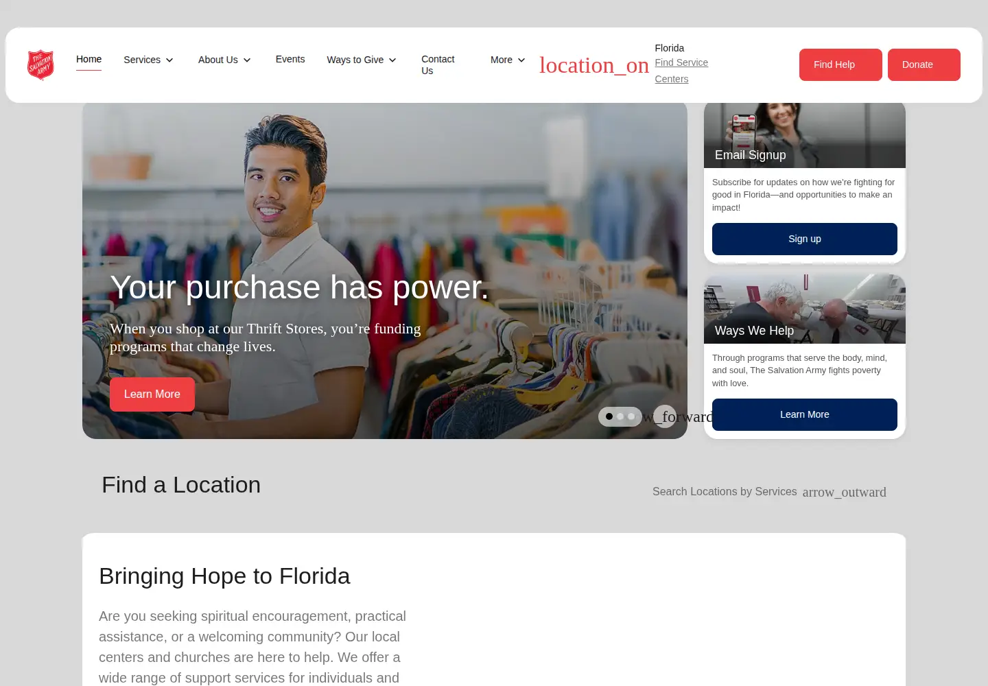 Captured homepage of salvationarmyflorida.org in the current scan