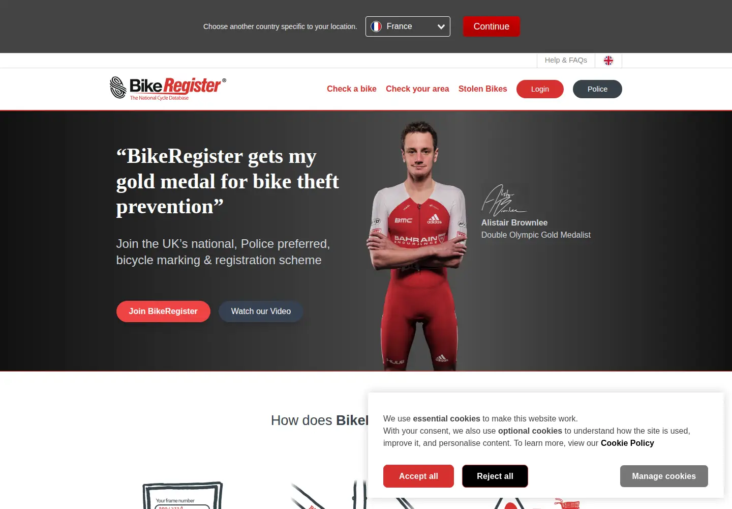 Screenshot of bikeregister.com