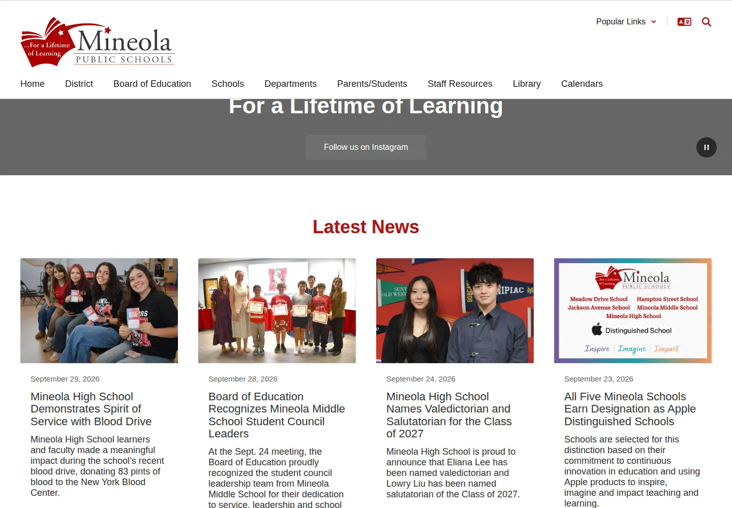 Captured homepage of mineola.k12.ny.us in the current scan