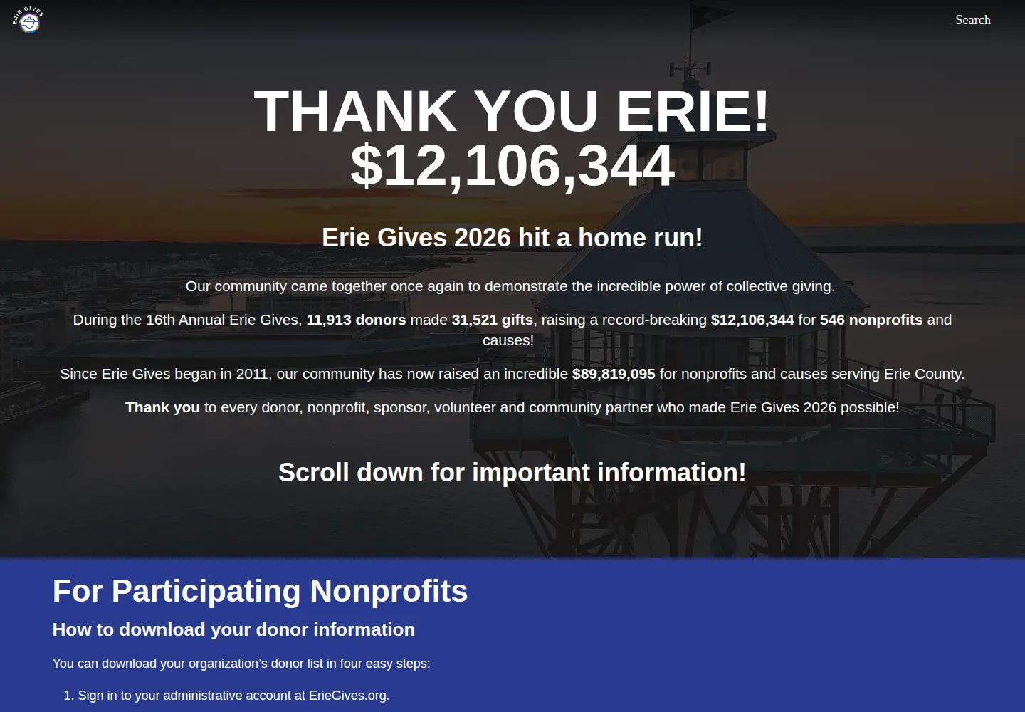 Captured homepage of eriegives.org in the current scan
