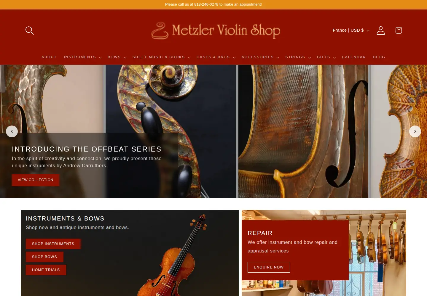 Captured homepage of metzlerviolins.com in the current scan